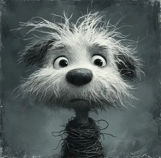an illustration of a dog with messy hair, in the style of whimsical children’s book illustrator, grainy, black and white photos, doug hyde, wilhelmina weber furlong, emotional expressions, tangled nests, rough textures –ar 74:73 –stylize 750 –v 6