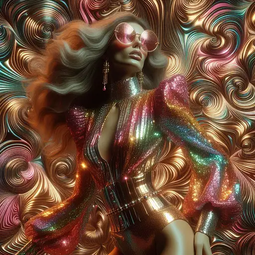 Woman wearing Kaleidoscopic apparel in 70s fashion, exploding colors, fragmented elegance, disco lights with prismatic reflections, avant-garde fashion photography style.