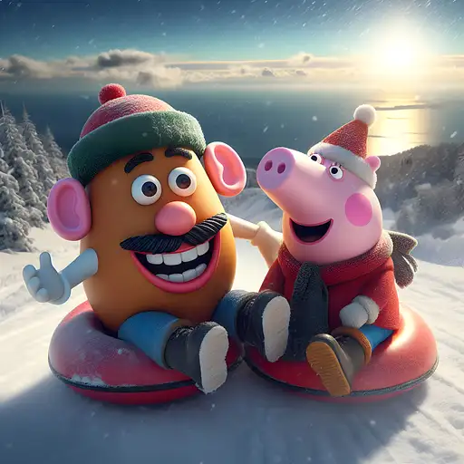 Peppa pig and Mr potato head snow tubing down a snowy mountain laughing, water in the background, snow drops, cinematic lighting, image in 4k