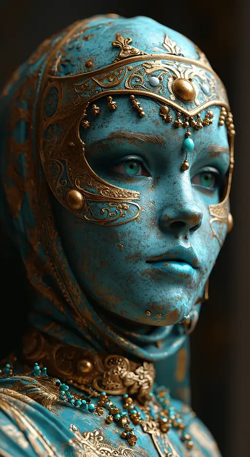a woman wearing an elaborate mask around her face, in the style of vray tracing, cloisonnism, turquoise and gold, miniature sculptures, impressionistic venice scenes, realistic fantasy artwork, exquisite detail –ar 35:64 –stylize 750 –v 6