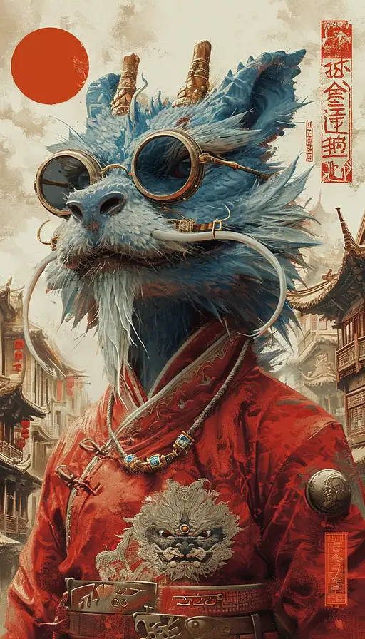 poster of a blue dragon with sunglasses, in the style of orient-inspired, post-apocalyptic surrealism, light orange and red, 32k uhd, chinapunk, meticulous design, detailed costumes –ar 73:128 –stylize 750 –v 6