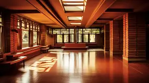 Frank Lloyd Wright, Robie House with Prairie style design and horizontal emphasis and brick structure, spacious and symmetrical and low-pitched, photographed by Ellen von Unwerth. Warm reds, earthy browns, and deep greens, intricate, ornate –ar 16:9 –c 2 –s 90
