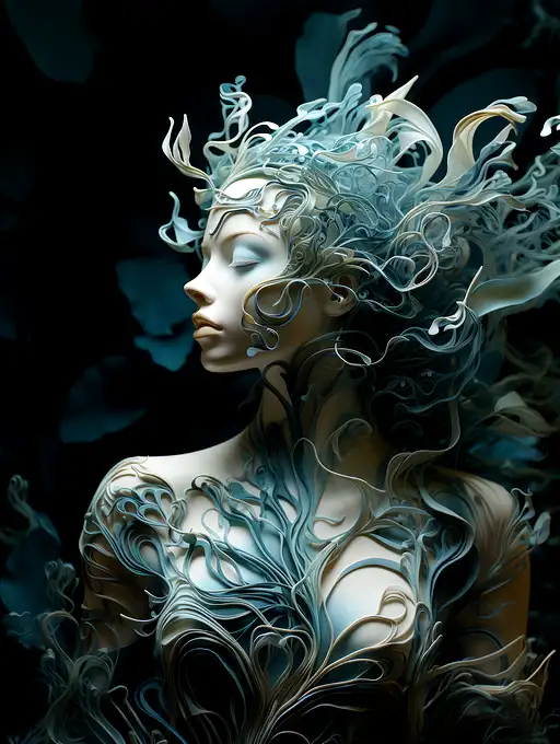 human by juliane schreiner, in the style of intricate underwater worlds, flowing fabrics, dark turquoise and light white, intricate body-painting, ultrafine detail, nature-inspired motifs –ar 3:4 –s 750 –v 5.2 –style raw