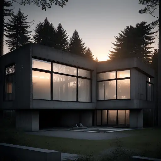 A realistic photo of a house in brutalist style, where the walls are predominantly made of windows and concrete. The house is located in the middle of a forest at sunset. The image captures the unique architectural features of brutalism, characterized by raw concrete and geometric shapes, contrasted with the extensive use of glass. The setting sun casts a warm glow over the scene, highlighting the house’s striking design amidst the natural forest surroundings. The image blends the stark, bold lines of brutalist architecture with the organic forms of the forest. The interior of the house is predominantly wood with…