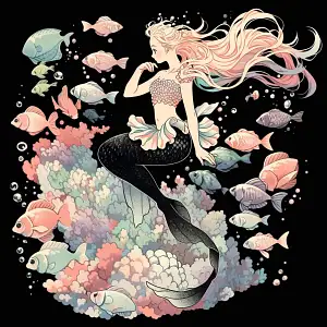 Vintage tshirt design, mermaid, swimming with shells, hd, 16lk, by Marc Davis, pearl-shell-shaded, black background –niji 5