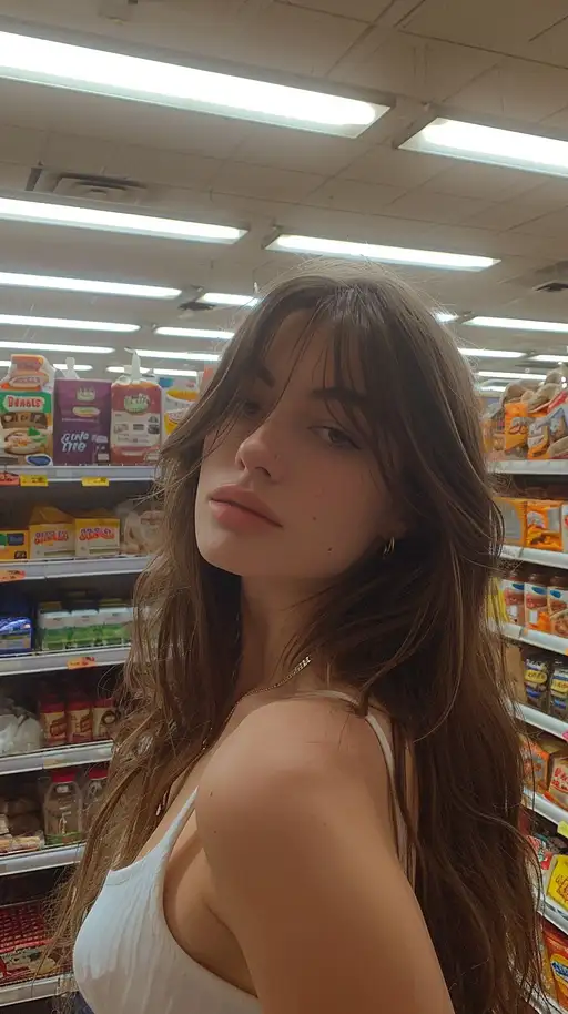 photo of dirty attractive woman inside filthy grocery store, posted on snapchat –ar 9:16 –v 6