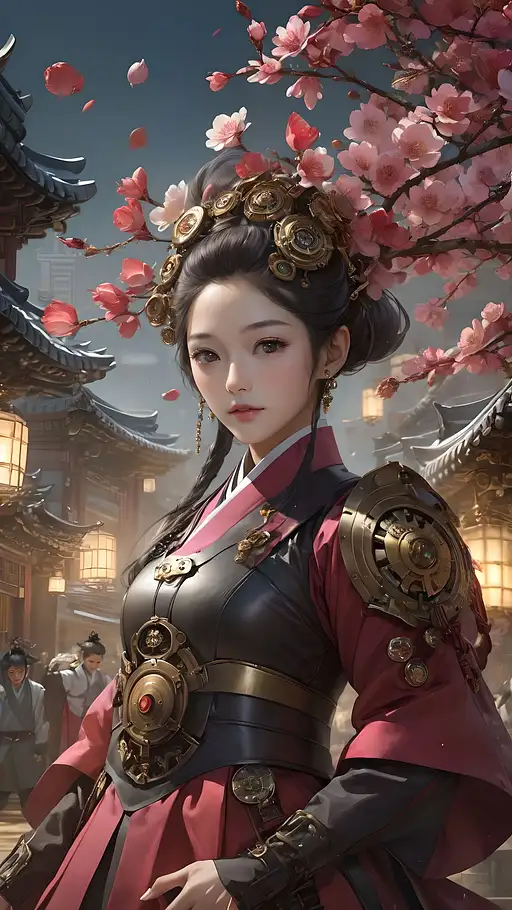masterpiece, perfect anatomy, 32k UHD resolution, best quality, RAW, vibrant, (vivid color:1.2), realistic photo, professional photography, highly details, depth of field, model pose angle, Official art, Femme fatale style female, cherry blossom-themed korean armor with delicate petals, steampunk city, Quantum Garden, floating platforms, gears, brass aesthetics, (korean fantasy:1.3)