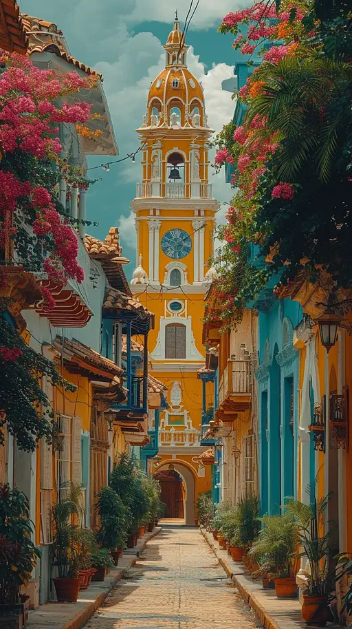 a narrow street with multiple buildings and a clock tower, in the style of afro-colombian themes, baroque architecture, dark white and light orange, sky-blue and yellow, havencore, photo-realistic, hindu art and architecture –ar 9:16 –stylize 750 –v 6