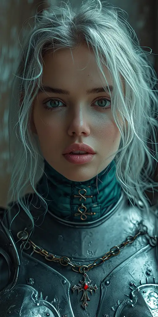 a woman in armour, in the style of light white and dark silver, y2k aesthetic, soft, dream-like quality, princesscore, smooth and shiny, pensive poses, precise detailing –ar 1:2 –stylize 750 –v 6