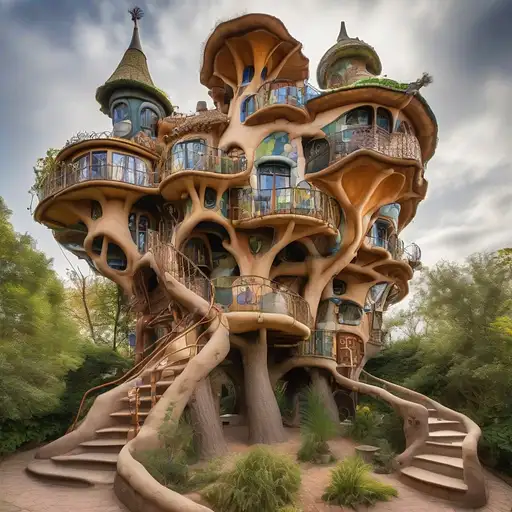 A fantasy treehouse designed by Gaudi and Hundertwasser, wide-angle view
