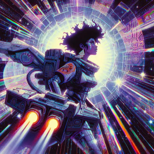 Really old vhs reproduction with visible artifacts and damaged texture of a 80’s sci fi anime, A brave female warrior with curly long hair and dark skin cruising the galaxy got lost and it’s floating aimlessly in a trip, full body away from camera. Prism lights and flares, akira style brush and shadows, high saturation, long shot.