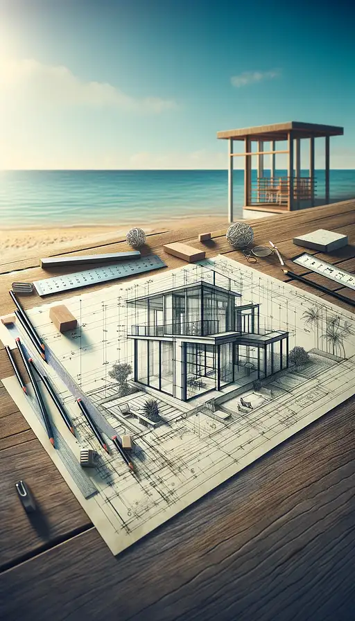 A tall image depicting a hand-drawn architectural plan of a modern glass house, meticulously sketched on a piece of paper. The paper is placed on a wooden table in a seaside area, capturing the essence of an outdoor workspace. The plan reveals a detailed and artistic representation of the house, emphasizing large glass panels and open, airy spaces. Surrounding the paper are elements of a creative process, like a ruler, pencils, and an eraser, hinting at the manual drafting process. In the background, the calm sea and a clear sky provide a serene and inspirational setting, enhancing the artistic and…