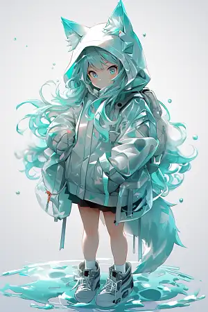 Full body portrait of a liquid 3D model of anime character, wolf ear hoodie, iridescent teal color, fluid deformation, aquamarine hair, translucent skin, intricate detail, Walter Crane clean and vibrant teal background:4, 3ds max, Unreal engine, 8k, action shot, dynamic pose –niji 5 –s 400 –ar 2:3