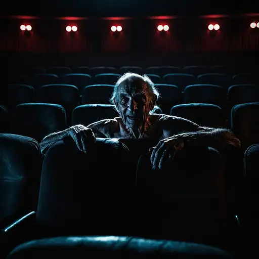a demonic old man peering from his seat in a darkened movie theater, wide shot, shot from a distance, shirtless, glowing eyes, glaring, creepy stare, deep shadows, unsettling, very dark, ghostly, evil grin, pervert, photorealistic, realistic, highly detailed, 8k, frightening grin, super scary, correct anatomy