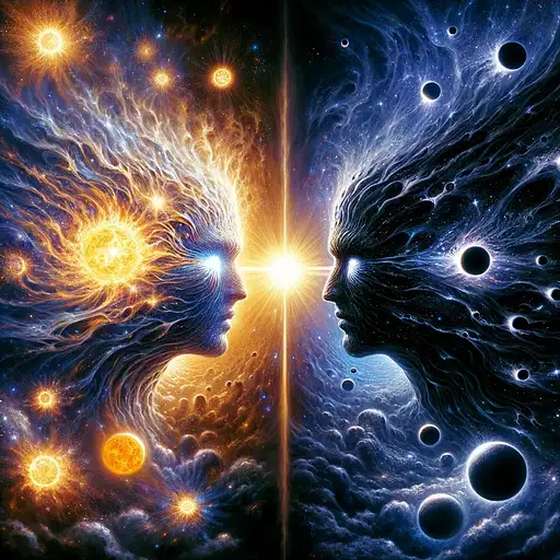 In the expanse of a cosmic battlefield, two deities from separate dimensions face off. The first is a Star God, radiating with the intense power of a thousand suns, their face a blinding sphere of pure energy, casting brilliant light across the cosmos. They summon supernovas and solar flares with mere gestures. Opposing them is the Void God, an enigmatic figure cloaked in darkness, their face a void of absolute nothingness, absorbing light and energy. Their powers manifest as black holes and dark energy, bending the fabric of space itself. Their clash sends shockwaves through dimensions, with starlight and darkness…