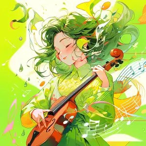 A passionate musician, playing in harmony, in the style of Figurative Art, warm and vibrant color scheme, with blinding light lighting, rendered to musical notes, clean and spring green background::2 –ar 1:1 –niji 5