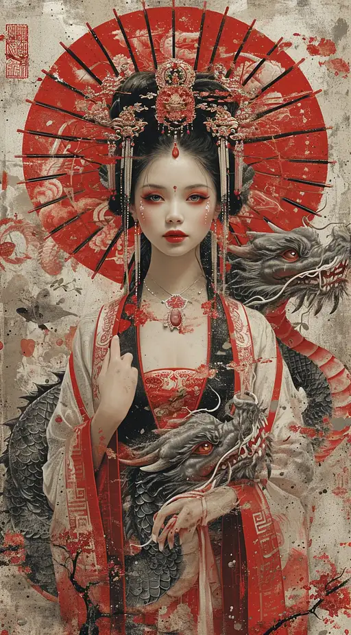 vintage poster of a Chinese woman with a dragon in her arms, in the style of Brian M. viveros, multi-layered compositions, takayuki takeya, uhd image, red and gray, intricate patterns and details, michael hussar –ar 71:128 –stylize 750 –v 6