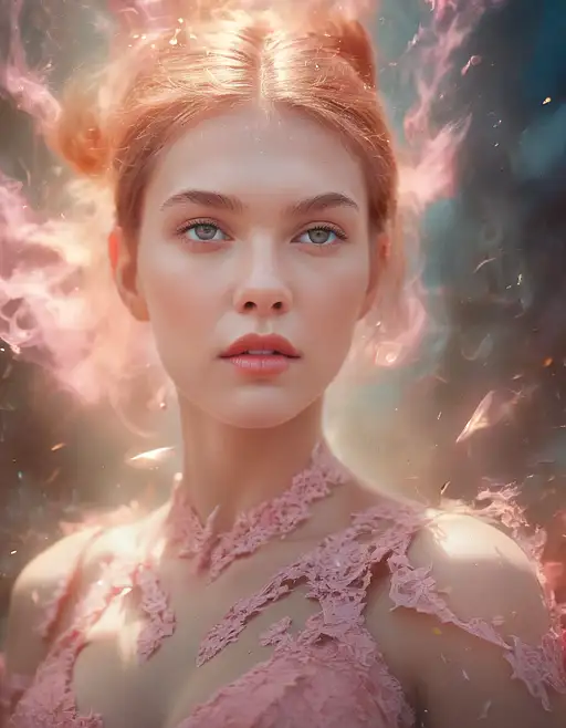best quality, 4k, highres, masterpiece, ultra-detailed, realistic, woman in pink lace dress, floating in air abstract shapes, shallow depth of field, soft atmospheric scenes, small breast, beautiful figure, bright sun colors, soft atmospheric scenes, powerful portraits, perfect anatomy, best quality, highres, realistic photo, professional photography, cinematic angle, dynamic, light shining, cinematic lights, light fog around,