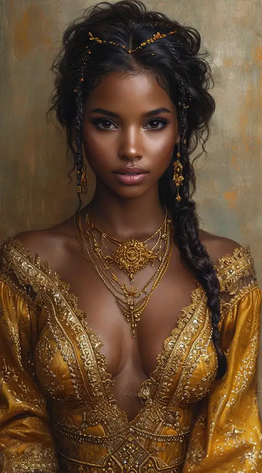 a woman in a dress standing, in the style of noah bradley, dark white and gold, mystical portraits, hyperrealistic illustrations, michael malm, meticulous details, exotic –ar 71:128 –stylize 750 –v 6