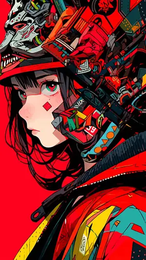 The Rebellion meets abstract expressionism, close up shot of free-spirited girl, manga style, in vibrant and chaotic warrior outfit, Tim Burton-inspired by Erik Spiekermann combined with Beatnik fashion, bold palette, energetic red background painted –niji 5 –q 2 –ar 9:16