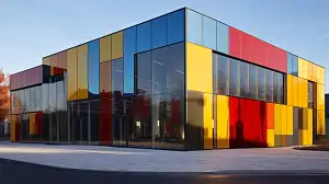 Vibrant gallery with a contemporary design, colorful and dynamic, and steel facade, inspired by Walter Gropius, painted by Herbert List –ar 16:9 –c 3 –v 5.1