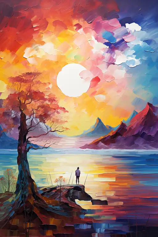 Abstract illustration, a person painting landscapes, fantasy book, Kinetics-Color Synesthesia, set against mountains and the sea –v 5.2 –ar 2:3 –style raw
