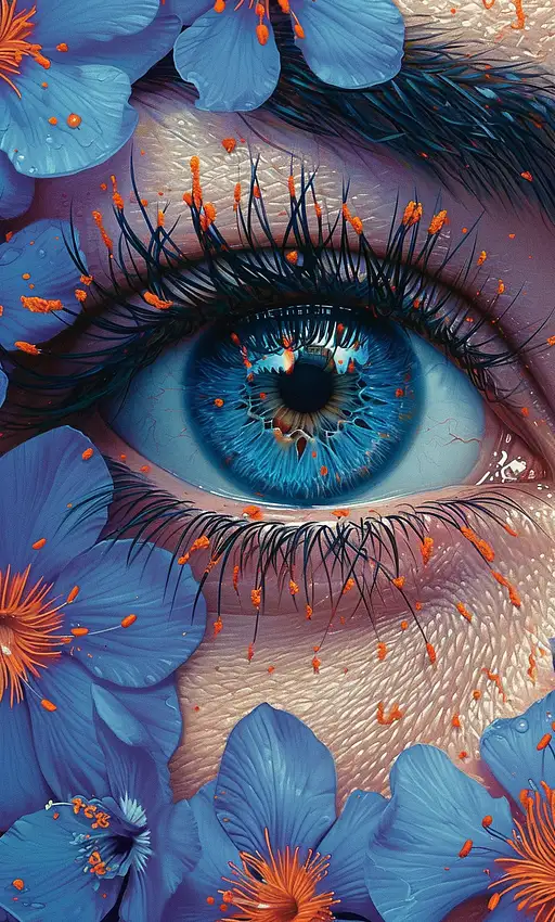 a painting of an eye with purple and orange flowers, in the style of james jean, mysterious jungle, martin ansin, 32k uhd, papua new guinea art, light blue and red, poster –ar 37:61 –stylize 750 –v 6