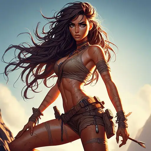 Digital art, best quality, highly detailed, disney pixar style, full-length body shot: a stunning badass fearless adventurer archeologist woman, taned skin, clear smart piercing eyes, perfect woman forms, dirty clothes