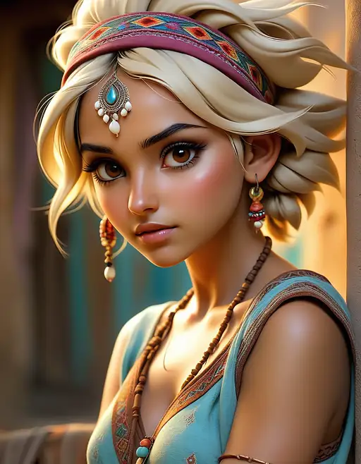 airbrush art, dream, gypsy woman, textured cotton clothes, intricate clothes detail, short messy blonde hair, headband, perfect brown eyes, attentive facial expression, soft lighting