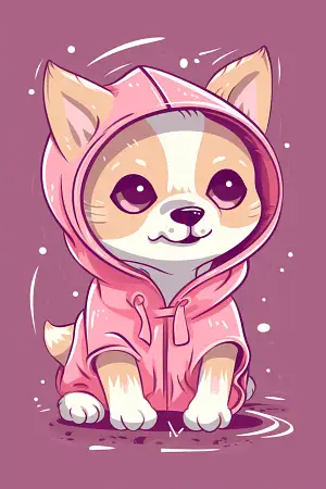 A cute, small, playful canine dressed in adorable pink clothing, happy sticker, charming line art, Nickelodeon animation style, Adobe Illustrator, Miriam Schapiro, clean bright background –v 5 –q 3 –ar 2:3
