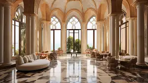 Impressive mansion with a luxurious design, elegant opulent atmosphere, and marble facade, inspired by Ricardo Bofill, painted by Rineke Dijkstra. –ar 16:9 –c 3 –v 5.1