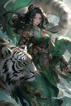 A female warrior in green traditional Korean suit, emerald nature accessories, graceful stance, holding tiger patterned jian, mesmerizing eyes, foot edge lightened by vibrant green wind, epic water and earth and wood bending shot, Chicano art, super high detail –ar 2:3 –niji 5