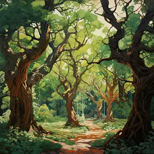 A forest vector of trees swaying, with intertwining branch patterns, in shades of green and brown, in a Neo-Rococo style, under a dappled sunlight, created by Alex Ross, against an emerald background –v 5.2