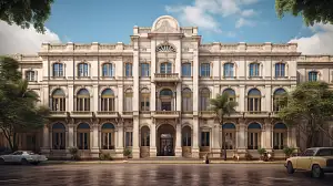 Majestic palace with a neoclassical design, opulent ballroom, and golden facade, inspired by Alejandro Aravena, painted by Gordon Parks. –ar 16:9 –c 3 –v 5.1