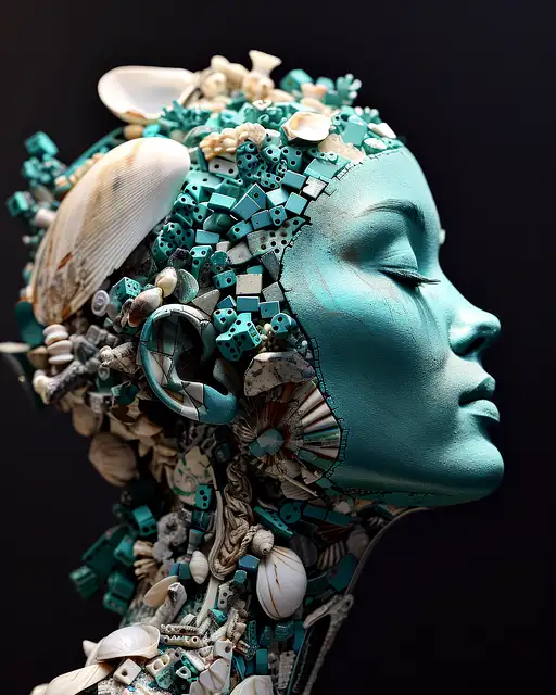 the anatomy of a woman’s head made of metalic teal domino pieces and shells, octopath traveler, vanitas, angular, altermodern, surreal –ar 4:5 –s 50 –v 6.0 –style raw