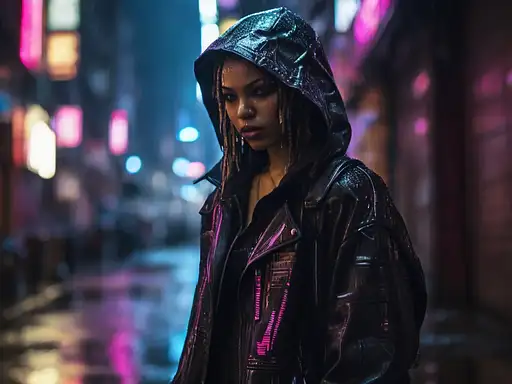 An enigmatic cyberpunk cityscape at night, rain-soaked streets reflecting neon lights, a lone hacker surrounded by holographic data, dark alleyways, gritty atmosphere, Photography, shot with a 50mm f/1.4 lens, –ar 16:9
