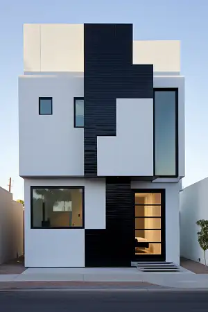 A modern design with minimalistic building, black & white monochromatic color on exterior walls, geometric-shaped outline, and colorblocked white panels –v 5.2 –ar 2:3
