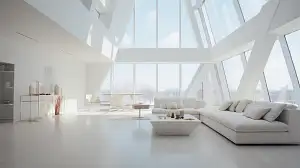 Daniel Libeskind, a residence with minimalist design and clean lines, spacious and minimalist, maximizing natural light, photographed by Brandon Woelfel. White, gray, and beige, minimalistic, serene. –ar 16:9 –c 2 –s 90