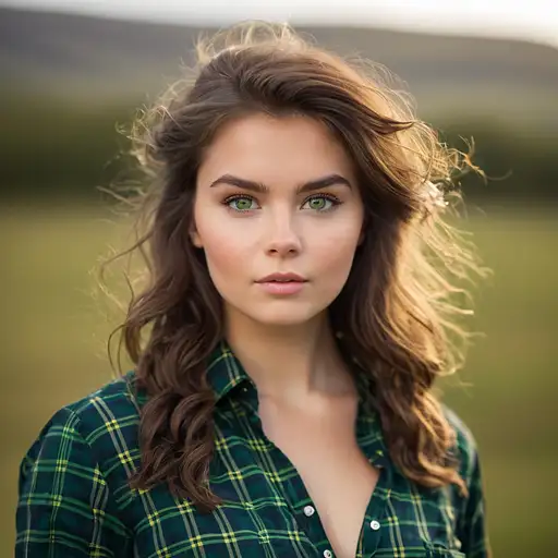 A half Body Photo of a beautiful brunette Scottish girl, green eyes, messy beehive hair style, natural skin complexion, slim with curves, tartan shirt, outdoor background, soft lighting, captured by {randomly selected} photographer. This image looks glamorous and elegant in style and outdoor background that was recognized as a contest winner. It has been featured on CG Society. Cinematic