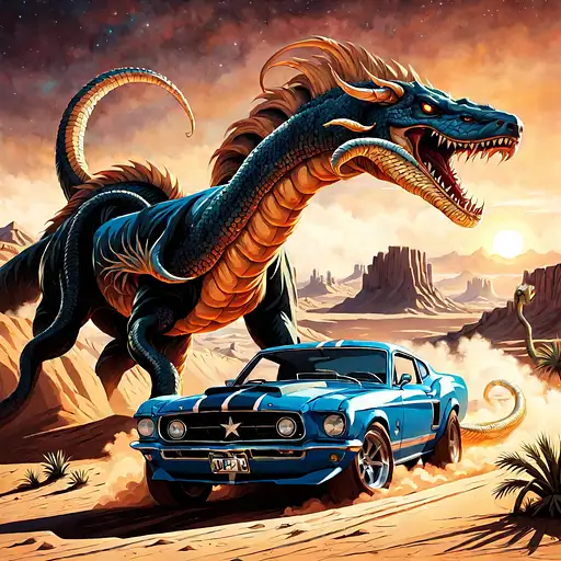 A ((((((retro color comic style poster of a fantasy post apocalyptic world, with a mustang style muscle car, driving fast being chased by a giant desert serpent dragon beast fantasy mythological creature, in focus, sharp focus, sunset, 4k