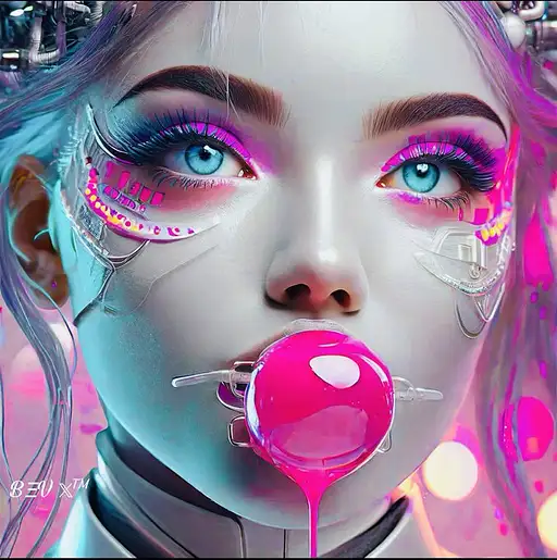 Cyberpunk aesthetic, create an image of an attractive white female cyborg face, with ghostly white skin, blowing neon bright bubblegum, shiny pink goo drips down from her eye, in a futuristic setting, spaceship interior, the scene is clean, all white, high gloss, shimmering, sparkling, high quality, a professional photo, humanoid, vibrant, ethereal, futuristic, candy, Nikon D750, 88mm lens, macro shot, 8K, high resolution, hyper-realistic, opulent lighting, studio quality, ultra detail, close-up, high-quality model, midjourney