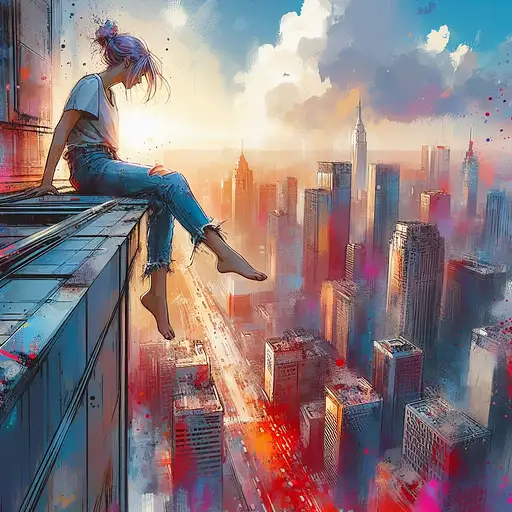 aesthetic, painterly style, modern ink, urbanpunk, A high ground angle shot, skyscrappers on low ground, a pretty woman she’s sitting at the edge of a building on the high ground with her feet hanging in the air . Dynamic angle, intricate details, multicolor explosion, blur effect, sharp focus, uhd, colorful shot, neo-expressionist, modifier=CarnageStyle, color=blood_red, intensity=1. 6