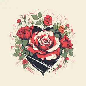 A romantic tshirt design, dreamy aesthetic, a beautiful rose with a floating heart, hd, classical music, by Dave Gibbons, gradient red edge, white background –v 5.2 –style raw