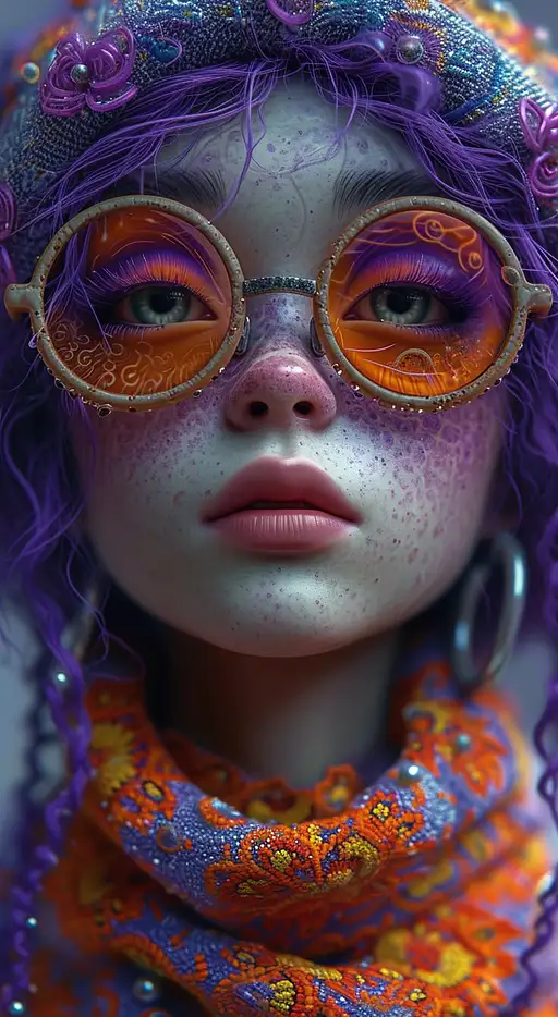 cartoon girl with glasses, purple, in the style of natalie shau, dark orange and red, junya watanabe, bill gekas, exquisite detail, psychedelic manga, 8k 3d –ar 35:64 –stylize 750 –v 6