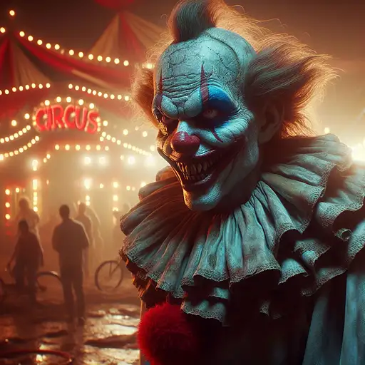 Nightmare version of a circus,creepy clowns,bad grine,dynamic light,shiny,high detailed cinematic, Guillermo del Toro