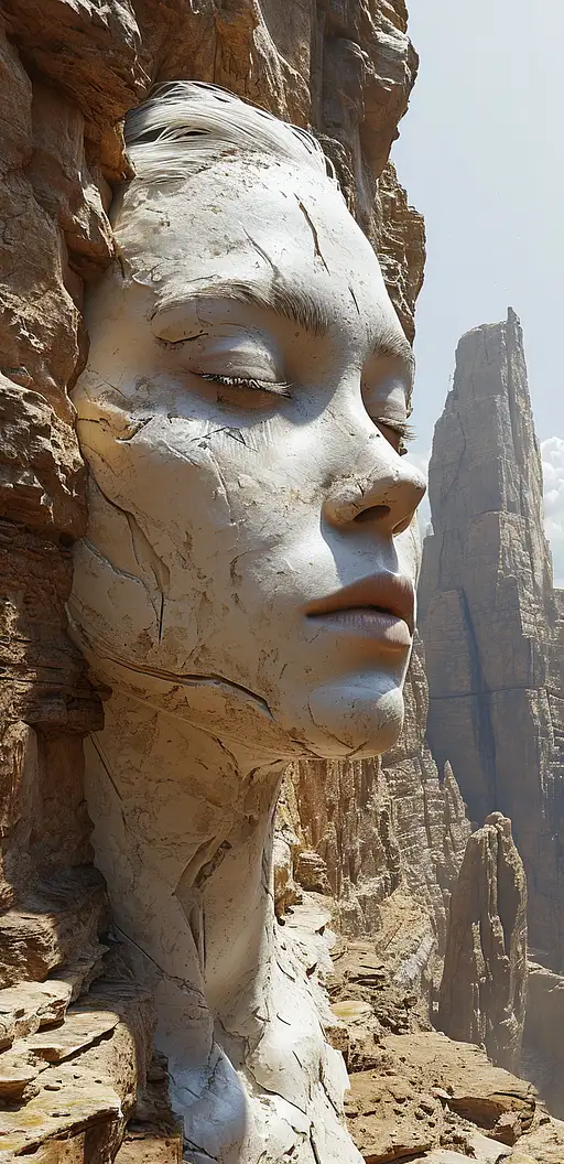 art statue in cliffs, in the style of realistic hyper-detailed portraits, cryengine, detailed facial features, ingrid baars, multi-panel compositions, guido van helten, concept art –ar 31:64 –stylize 750 –v 6