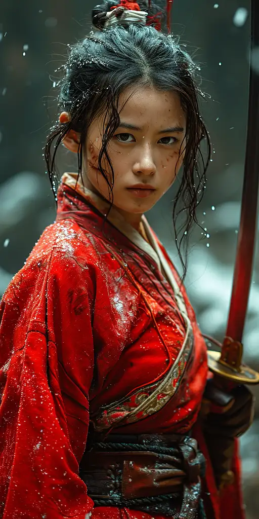 the girl is wielding a sword in the background, in the style of xiaofei yue, ethereal images, light white and red, colorful costumes, movie still, weathercore, dynamic and action-packed –ar 1:2 –stylize 750 –v 6