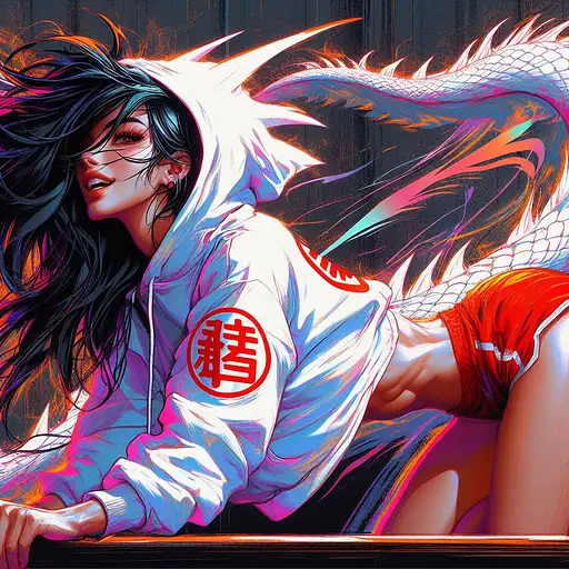 aesthetic, painterly style, modern ink, pretty shy thin fit woman version of DBZ: Goku, smiling, exausted, stretching her legs, white dragon shape hoodie, red short, flying black hair, intense, sensual, eye contact, dynamic pose, dynamic angle, sultry, neonlight, expressive pose, detailed flying hair, urbanpunk, abstract texture multilayer background, neo-expressionist , more colorful and intricate details, modifier=CarnageStyle
